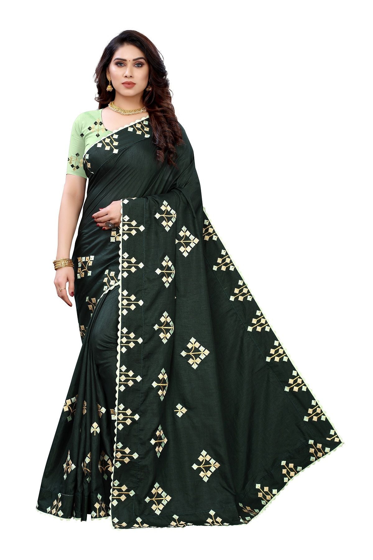 Women's Green Dola Silk Embroidery Saree With Blouse Piece - Vamika