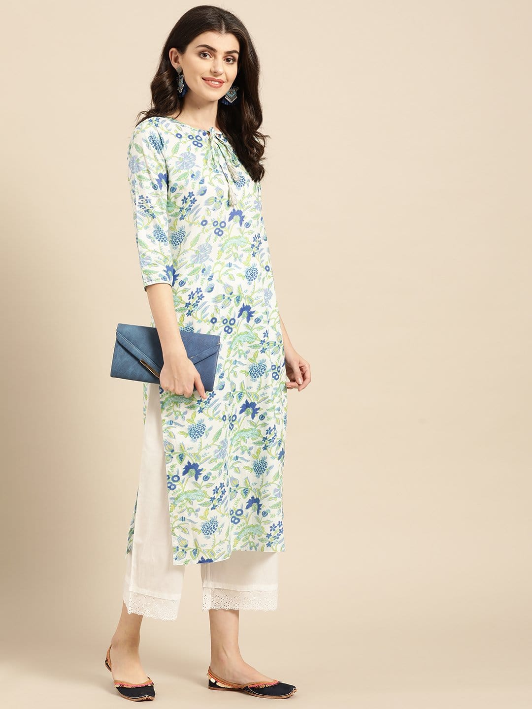 Women's White,Blue And Green Floral Printed Straight Kurta - Varanga