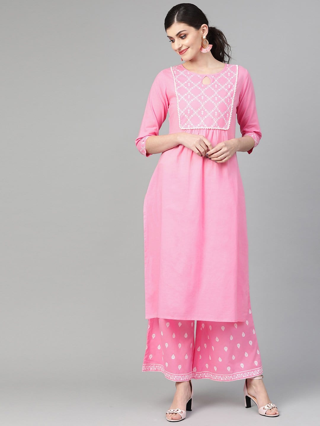 Women's Light Pink Khari Printed Straight Kurta  With Overall Printed Straight Palazzo - Varanga