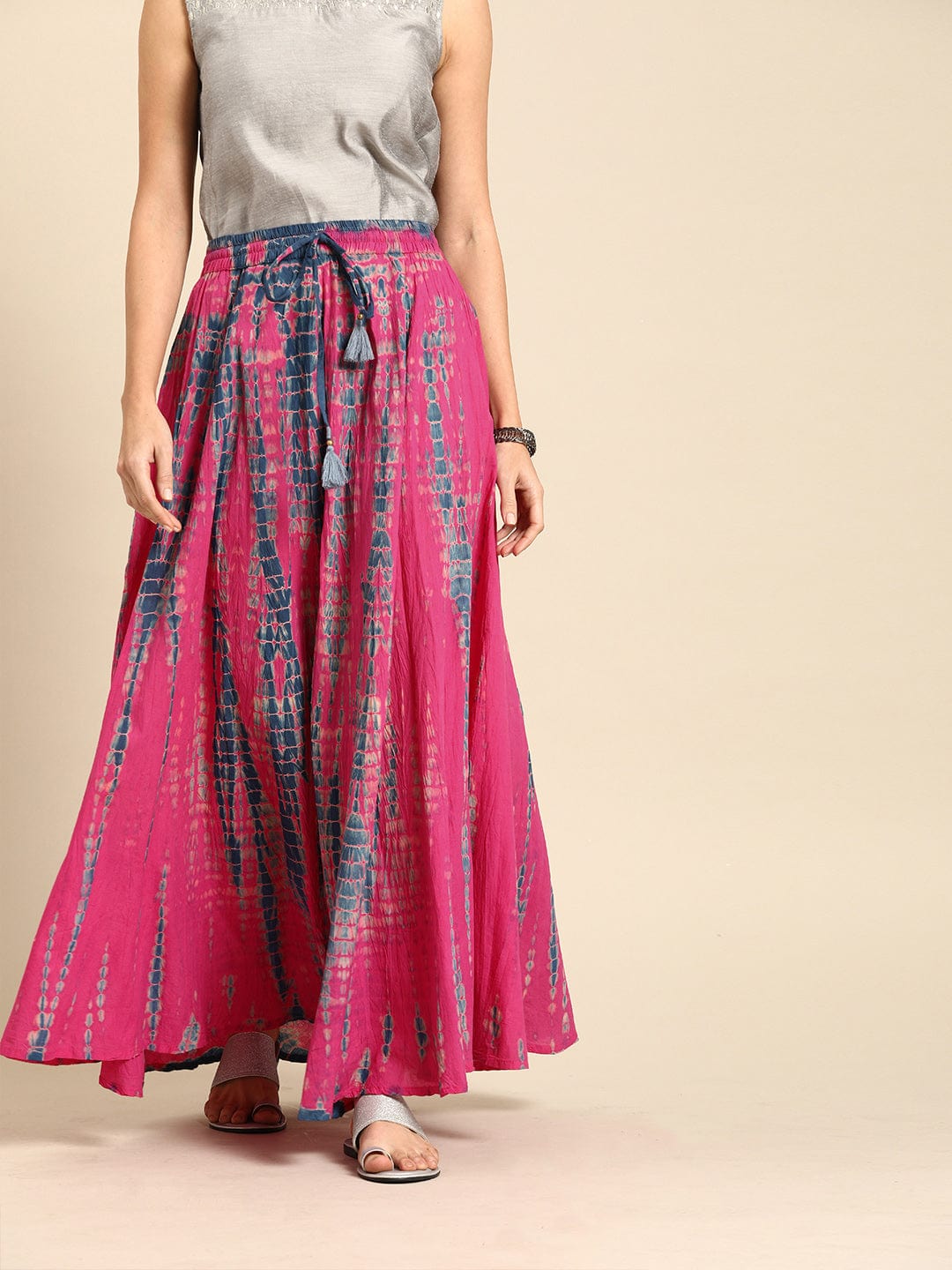 Women's Pink and Blue Dyed Maxi Flared Skirt - Varanga