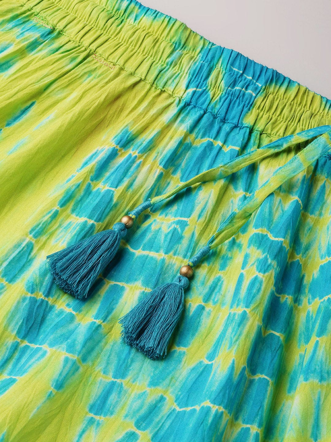 Women's Lime Green & Blue Dyed Flared Maxi Skirt - Varanga