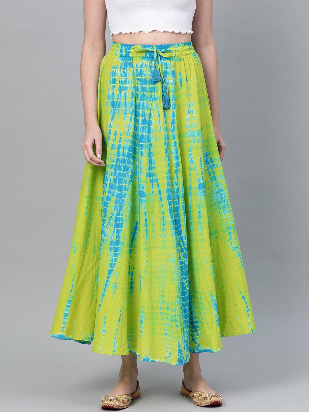 Women's Lime Green & Blue Dyed Flared Maxi Skirt - Varanga
