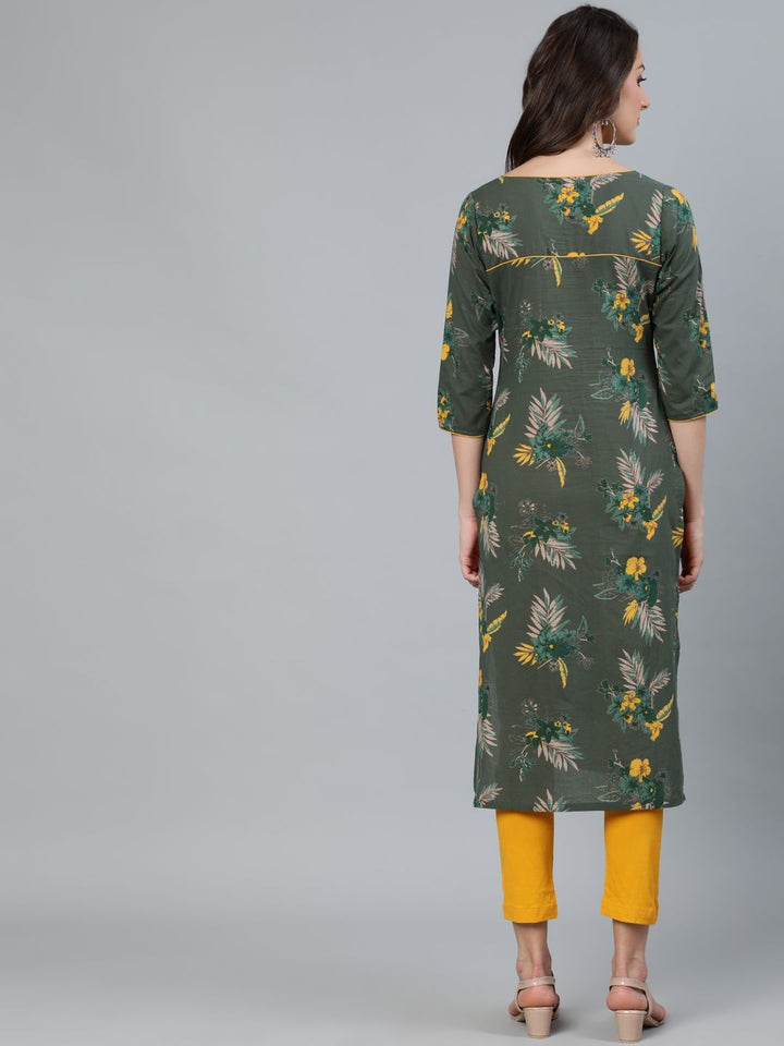 Women's Green Floral Printed Straight Kurta