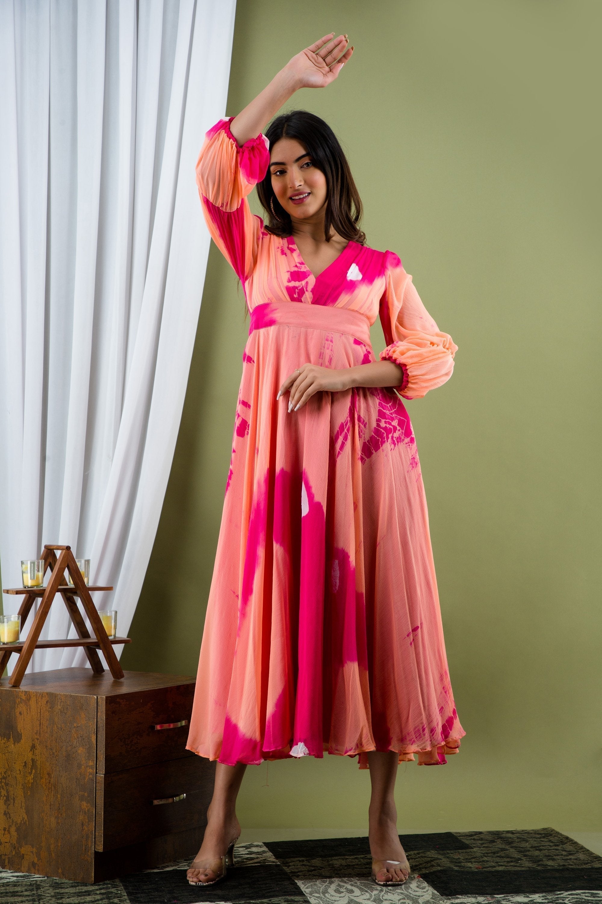 Buy Women's Peach and Pink Tie Dye A-Line Fit and Flare Maxi Dress - SARAS THE LABEL Online at Best Price | Trendia Buy Women's Peach and Pink Tie Dye A-Line Fit and Flare Maxi Dress - SARAS THE LABEL Online at Best Price | Trendia