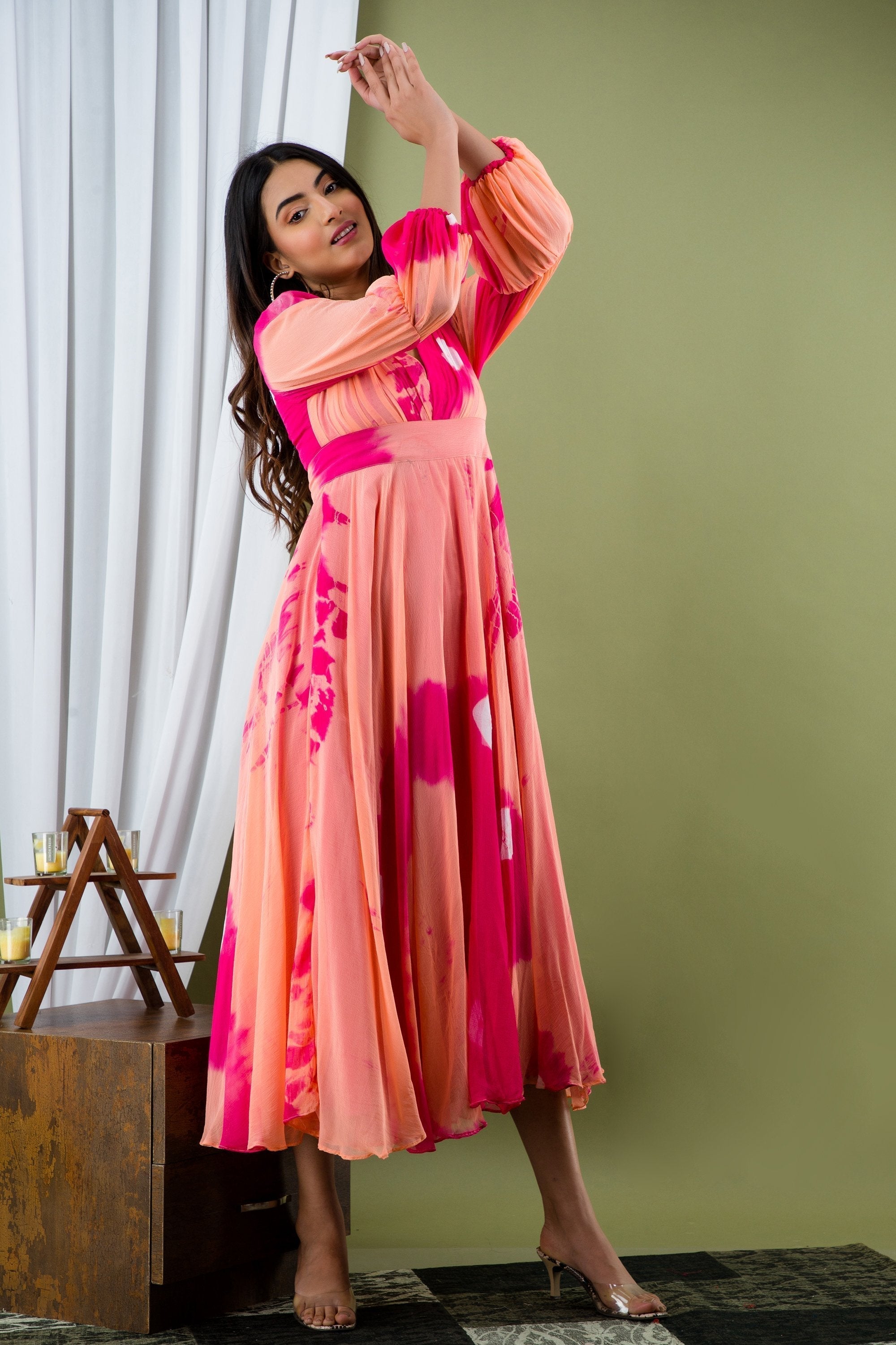 Buy Women's Peach and Pink Tie Dye A-Line Fit and Flare Maxi Dress - SARAS THE LABEL | Trendia Peach / M
