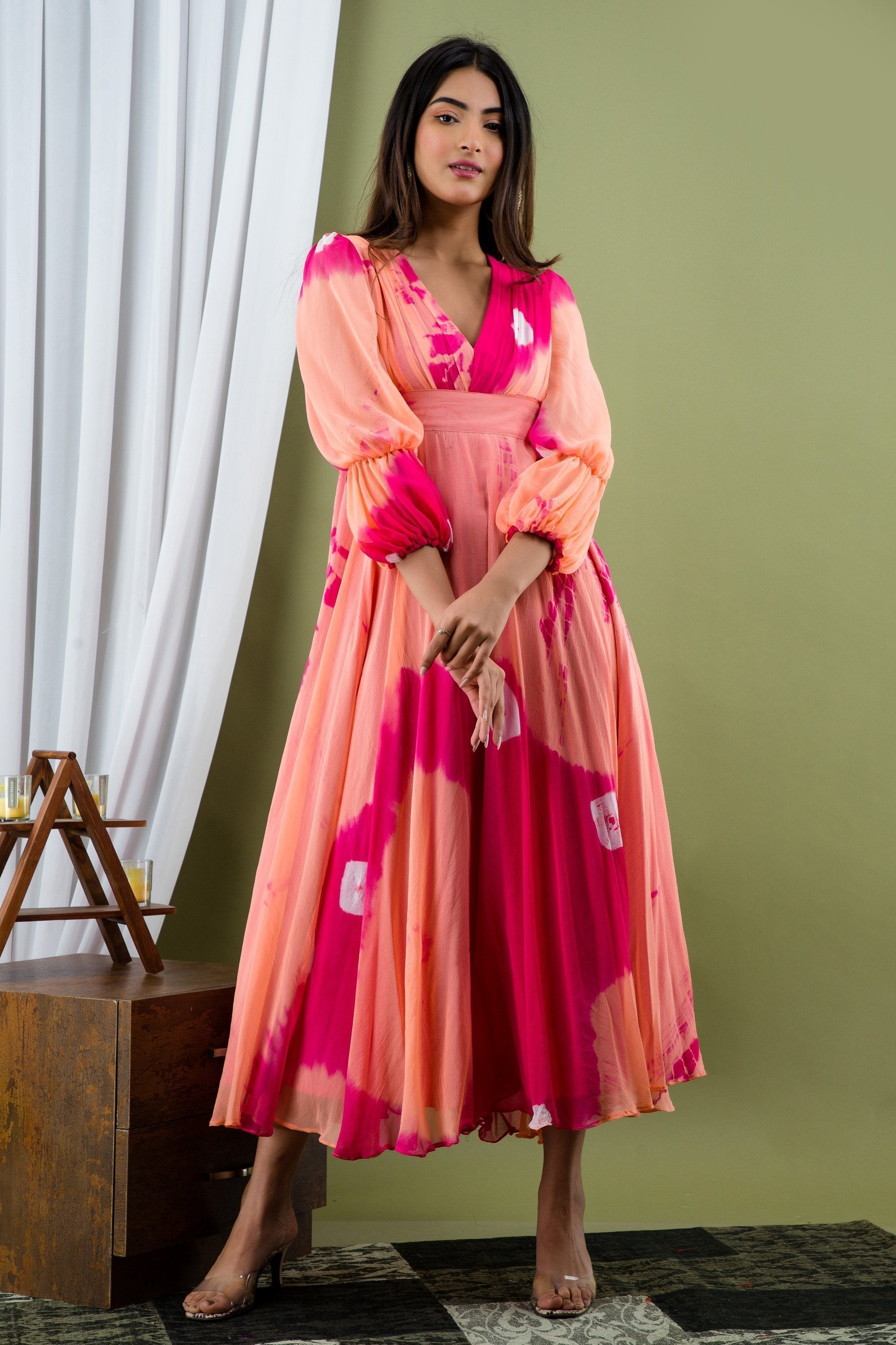 Women's Peach And Pink Tie Dye A-Line Fit And Flare Maxi Dress Women's Peach And Pink Tie Dye A-Line Fit And Flare Maxi Dress