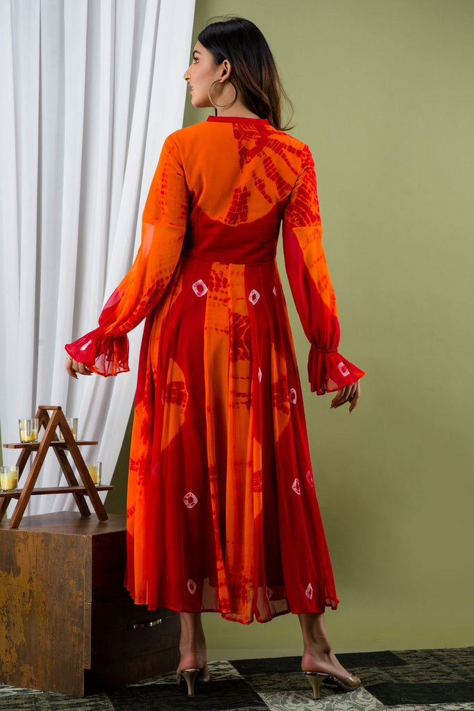 Women's Orange And Maroon Tie Dye A-Line Fit And Flare Maxi Dress