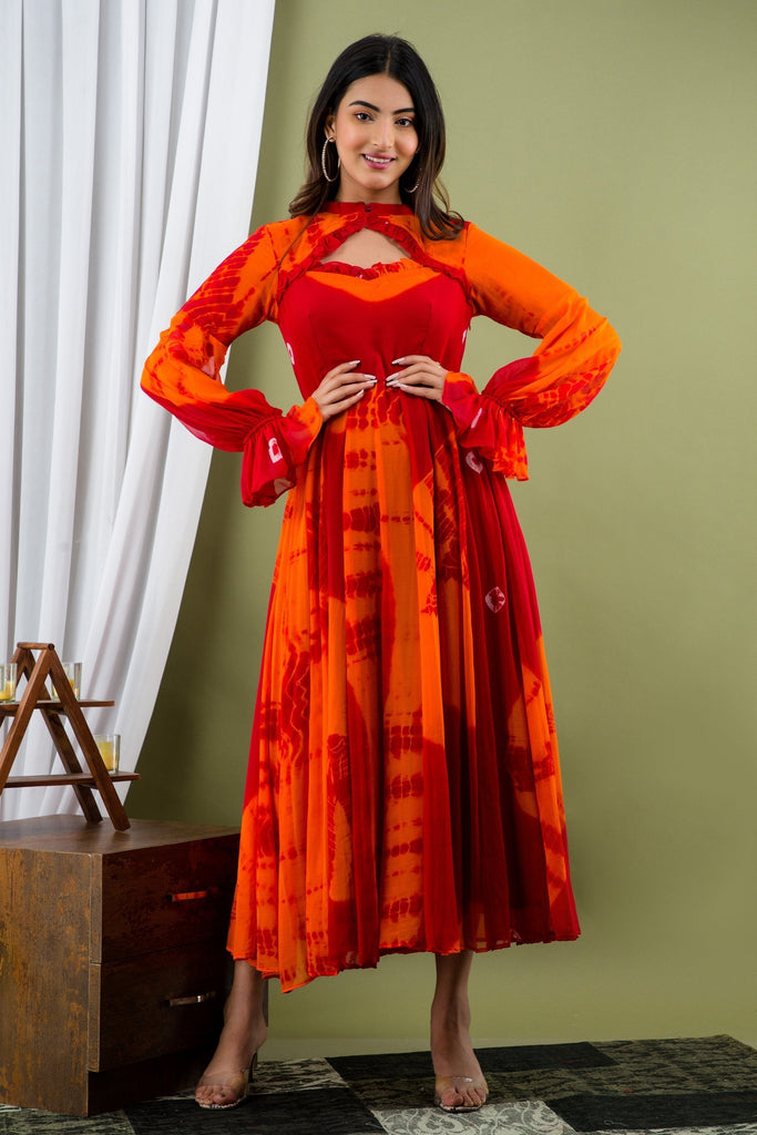 Women's Orange And Maroon Tie Dye A-Line Fit And Flare Maxi Dress