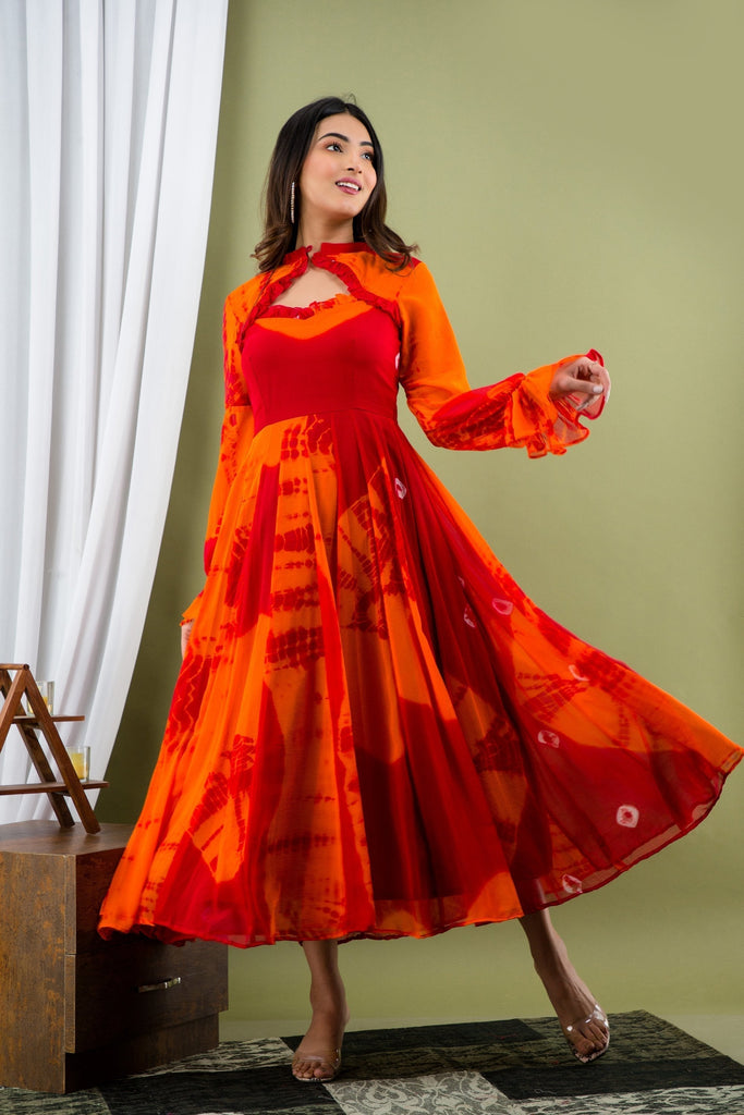 Women's Orange And Maroon Tie Dye A-Line Fit And Flare Maxi Dress