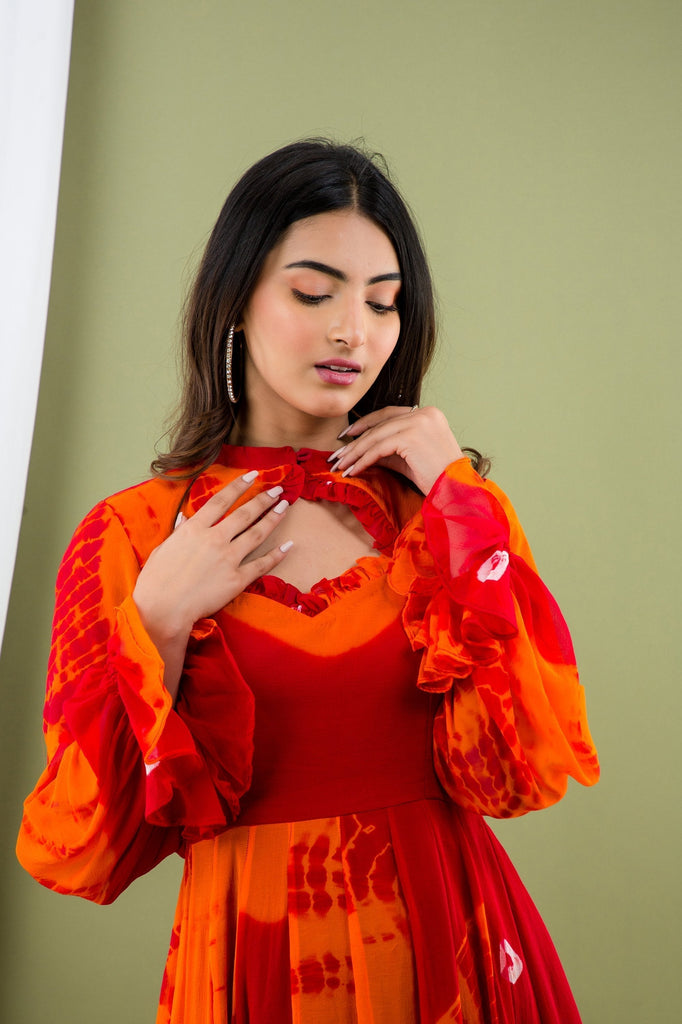 Women's Orange And Maroon Tie Dye A-Line Fit And Flare Maxi Dress