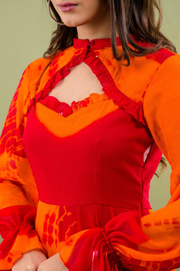 Women's Orange And Maroon Tie Dye A-Line Fit And Flare Maxi Dress