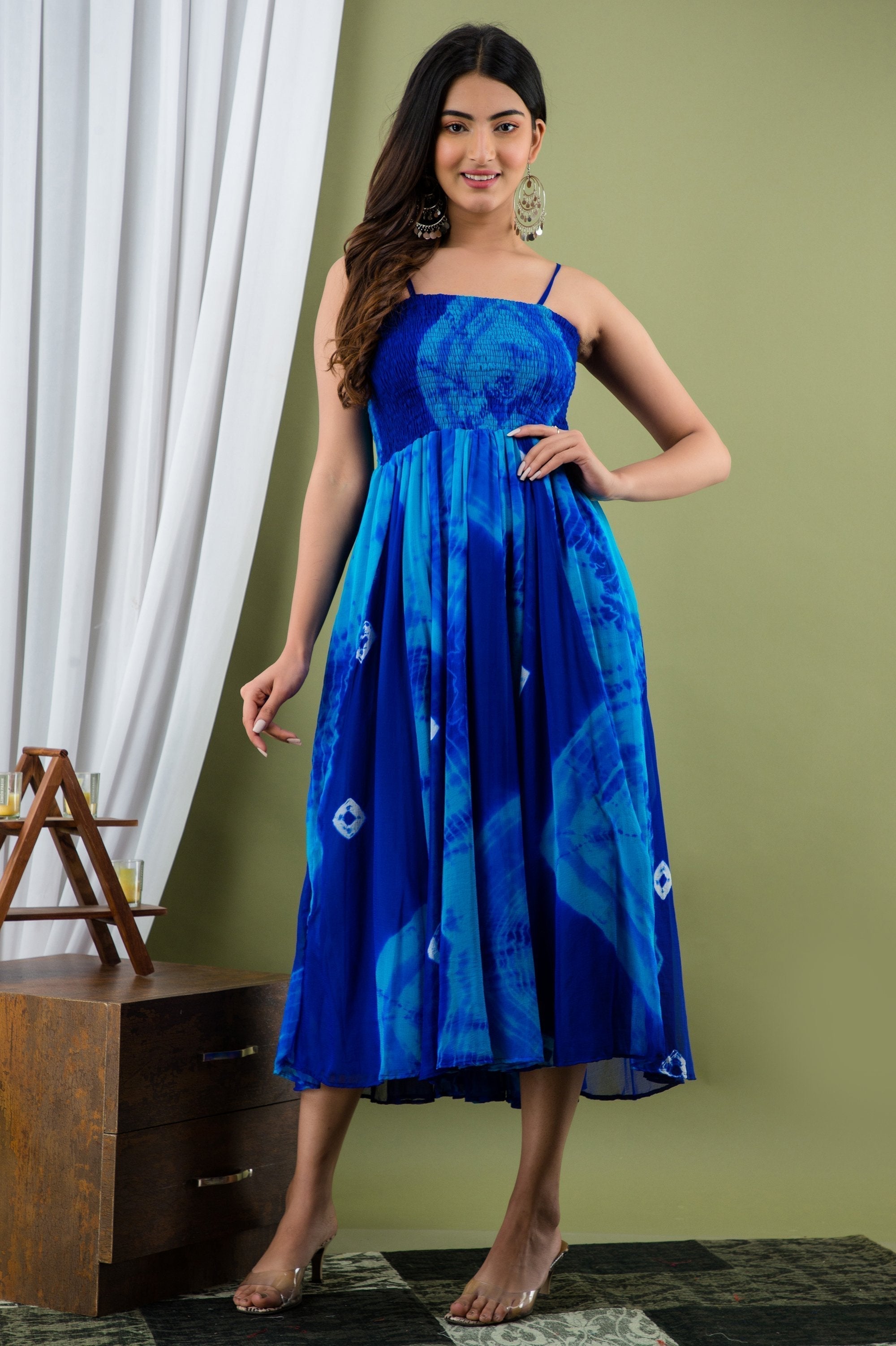 Women's Blue Tie Dye A-Line Fit And Flare Maxi Dress
