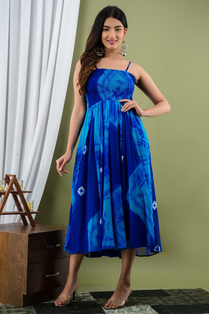 Women's Blue Tie Dye A-Line Fit And Flare Maxi Dress