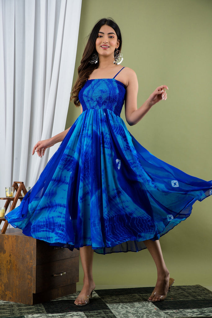 Women's Blue Tie Dye A-Line Fit And Flare Maxi Dress