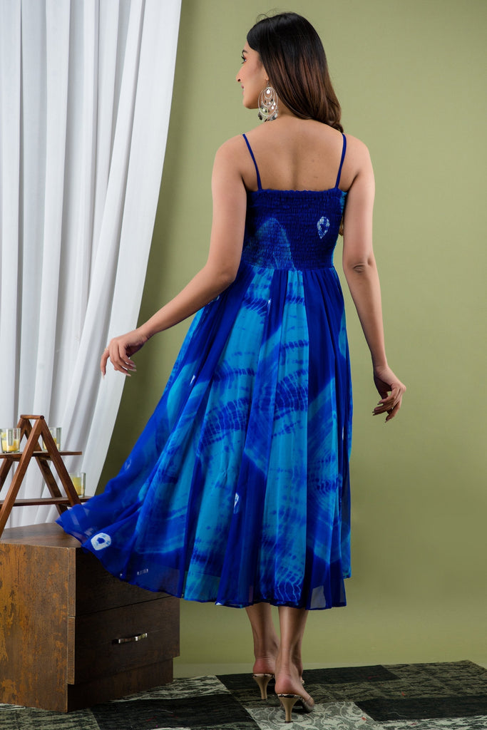 Women's Blue Tie Dye A-Line Fit And Flare Maxi Dress