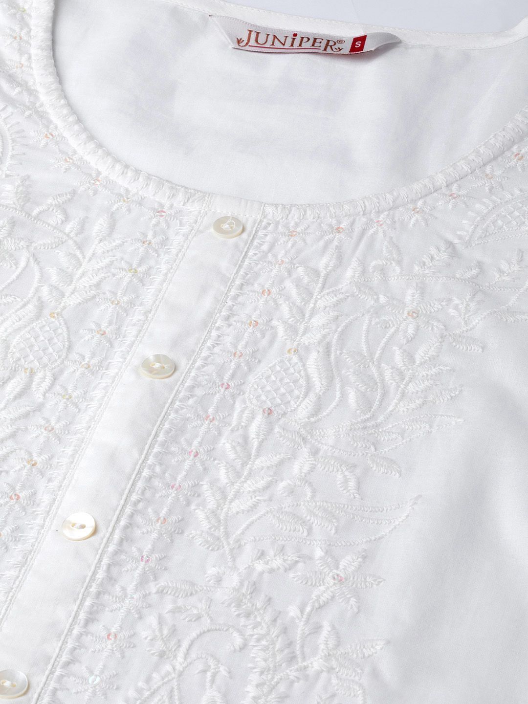 Women's White Cotton Voile Embroidered Straight Kurta - Juniper