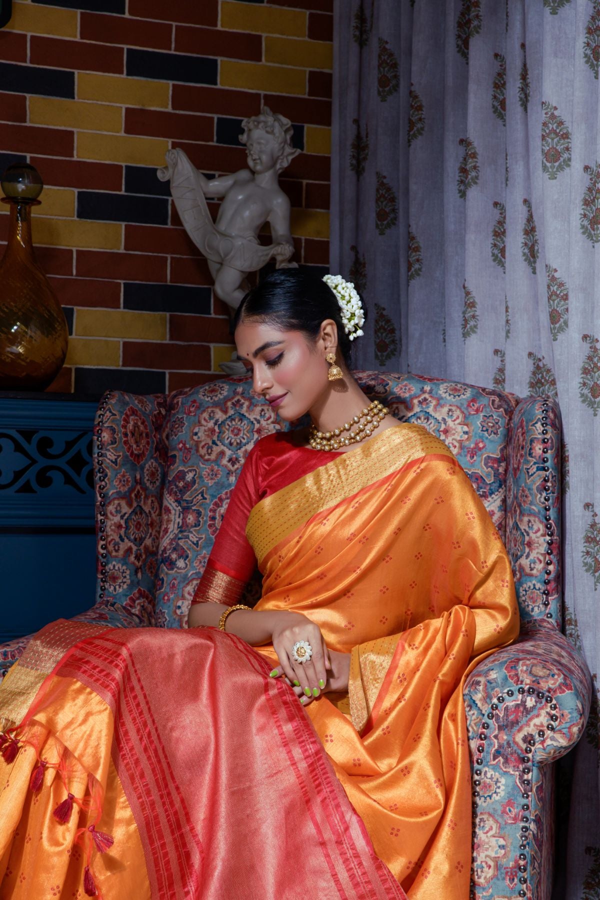 Women's Orange Woven Paithani Silk Saree with Tassels - Vishnu Weaves