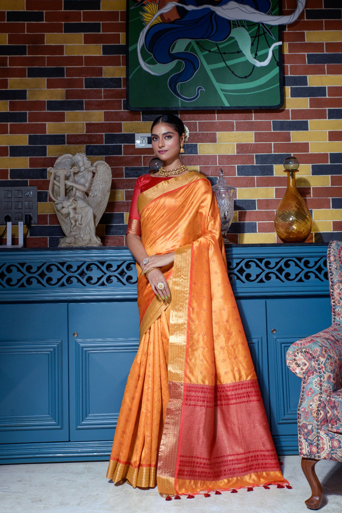 Women's Orange Woven Paithani Silk Saree with Tassels - Vishnu Weaves