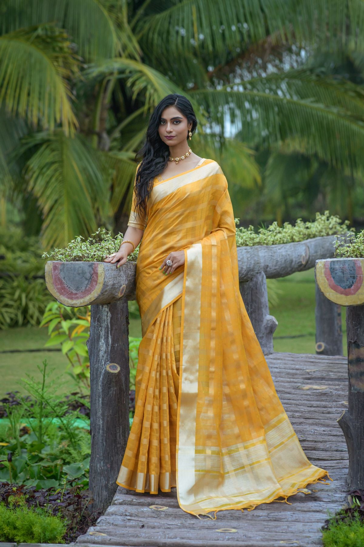 Women's Yellow Woven Organza Silk Saree with Tassels - Vishnu Weaves