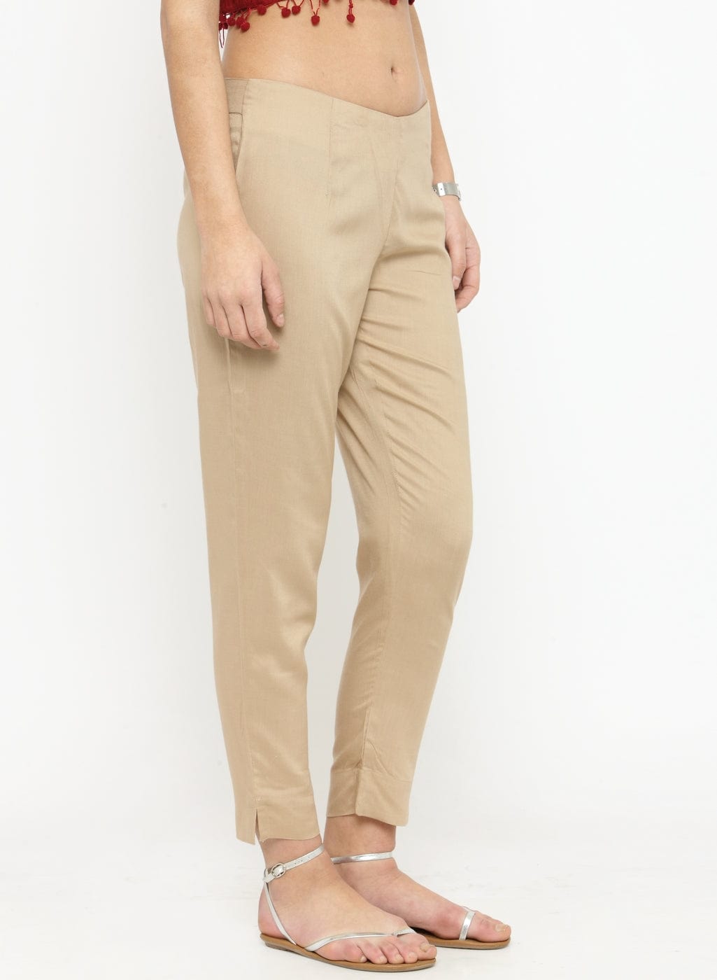 Women's Beige Straight Fit Solid Regular Trousers - Varanga