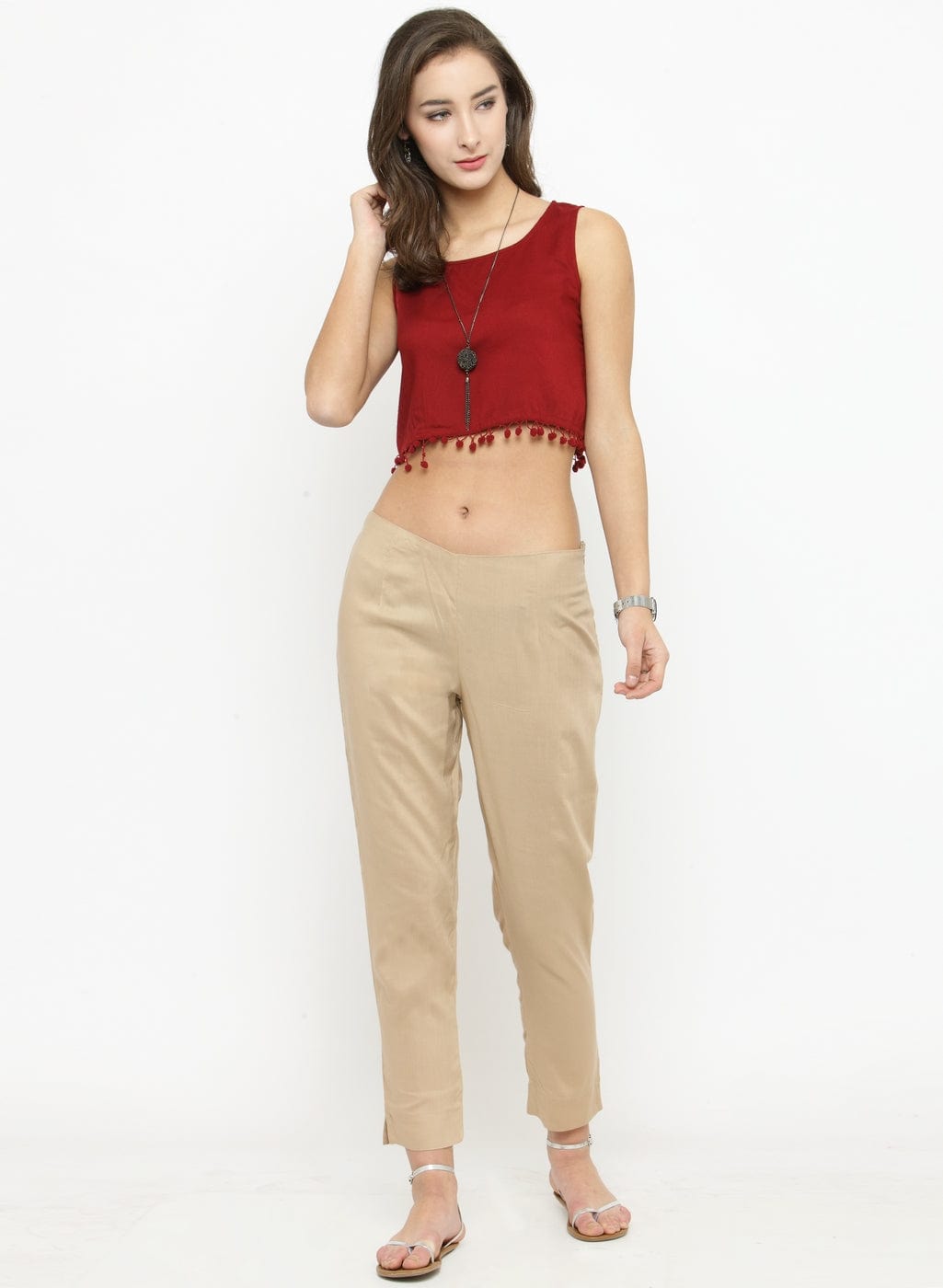 Women's Beige Straight Fit Solid Regular Trousers - Varanga