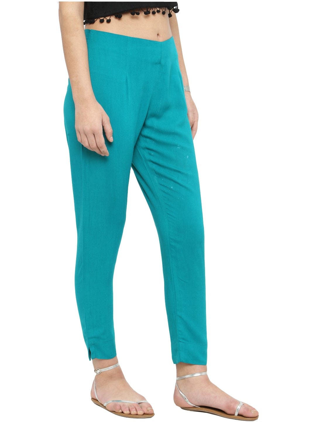 Women's Turquoise Blue Straight Fit Solid Regular Trousers - Varanga