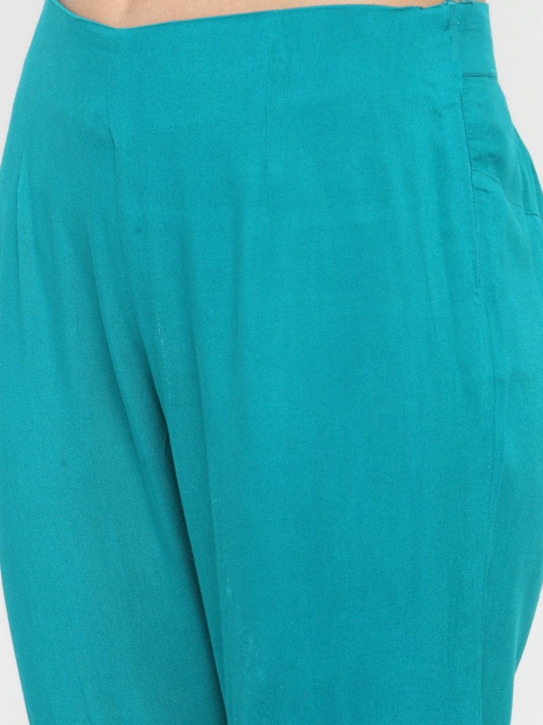 Women's Turquoise Blue Straight Fit Solid Regular Trousers - Varanga