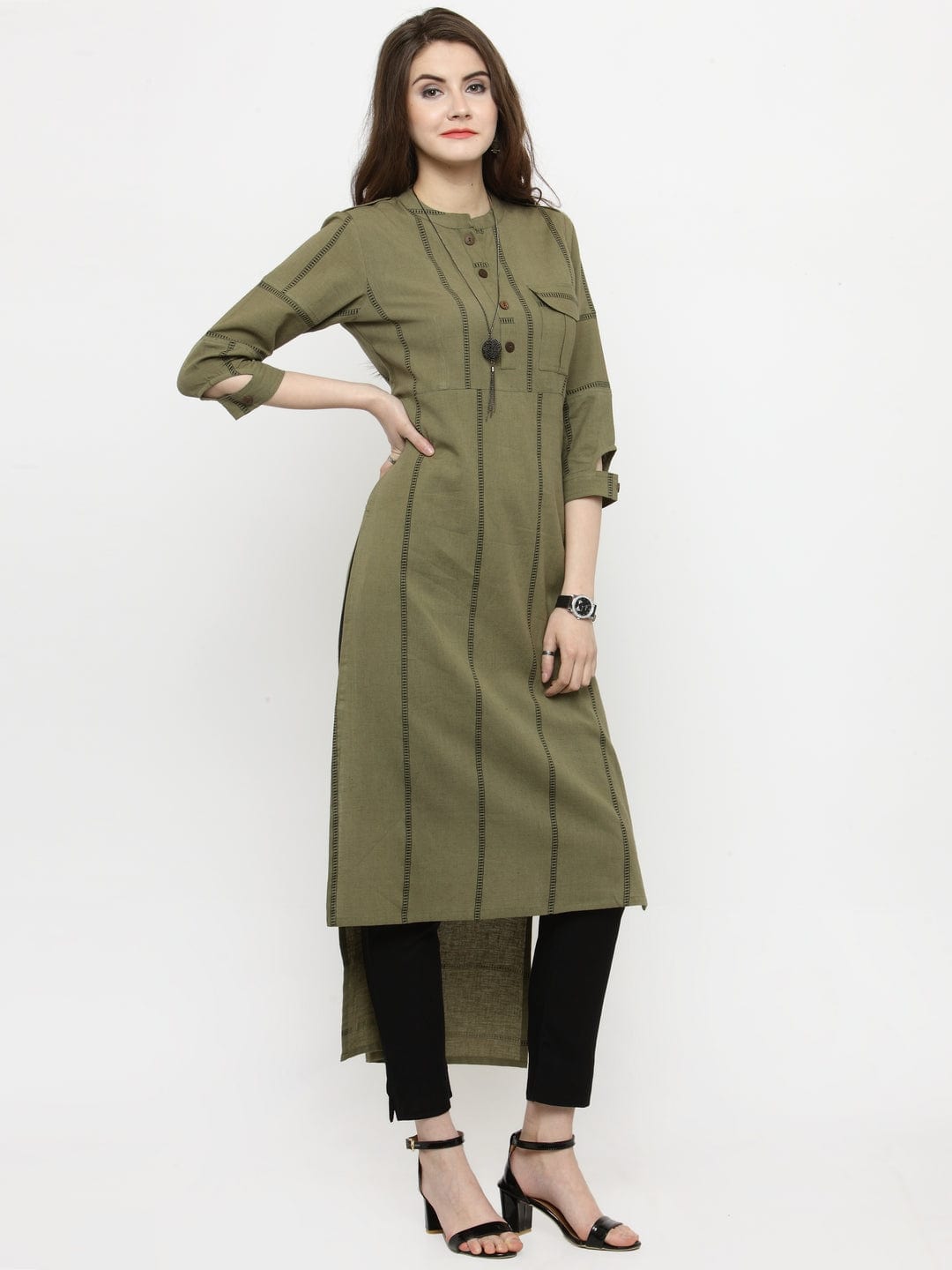 Women's Olive Green Striped Straight Kurta - Varanga