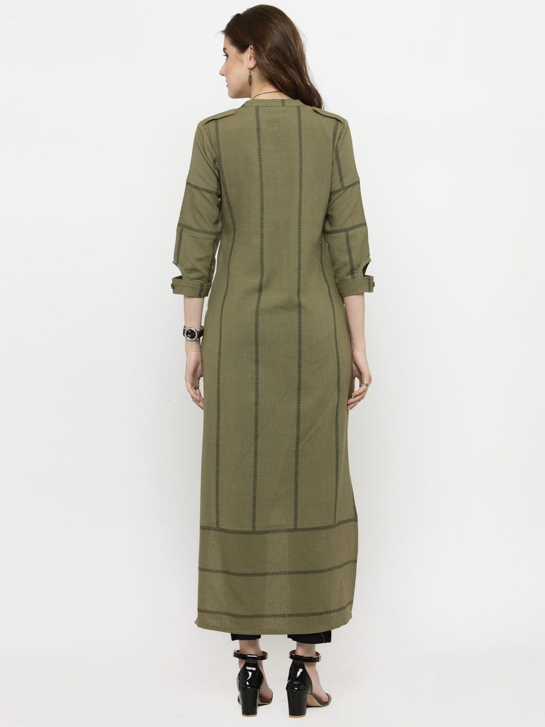Women's Olive Green Striped Straight Kurta - Varanga
