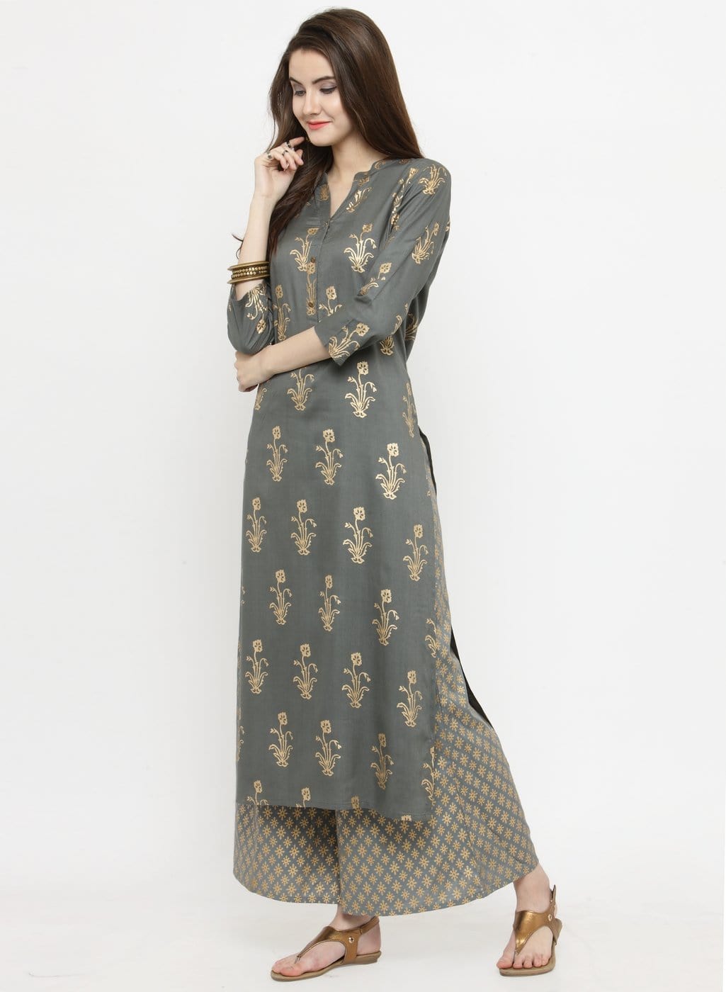 Women's Grey & Gold-Toned Printed Straight Kurta - Varanga