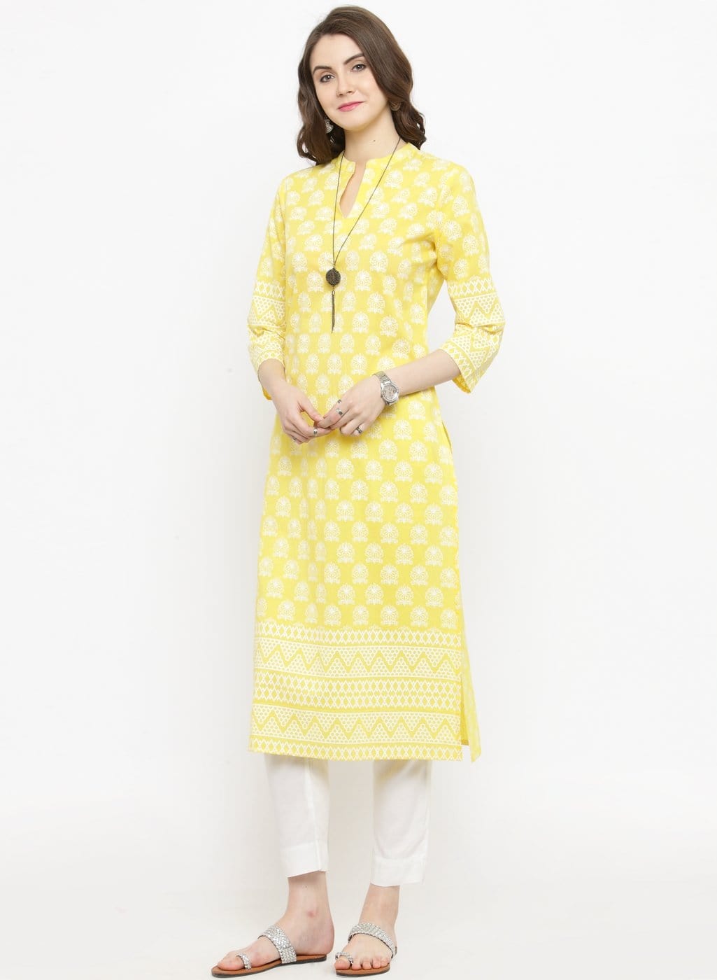 Women's Yellow Printed Straight Kurta - Varanga