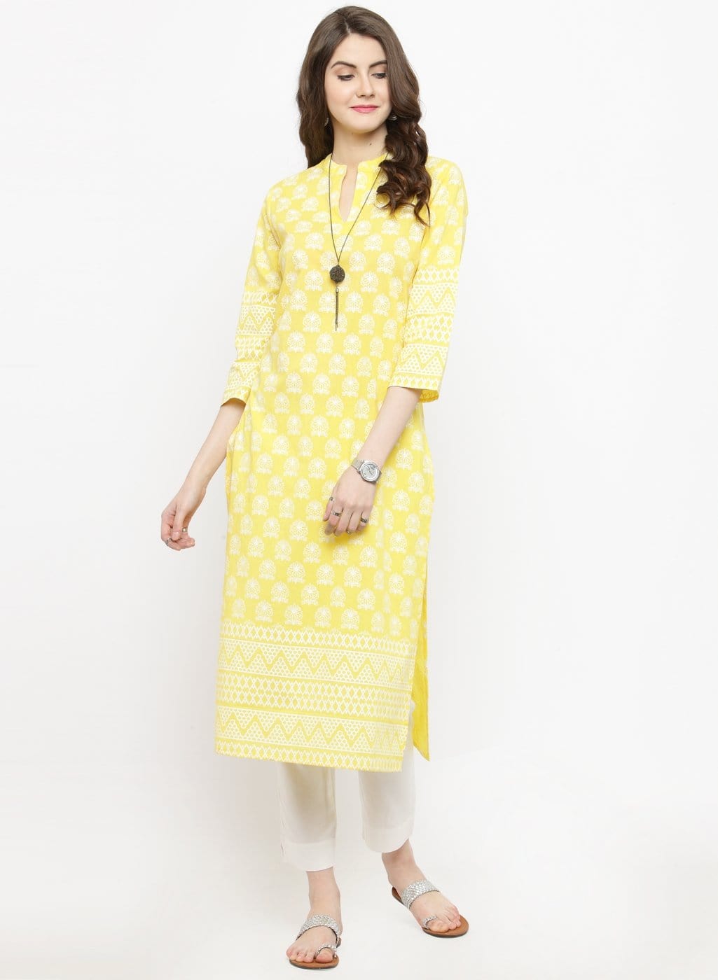 Women's Yellow Printed Straight Kurta - Varanga