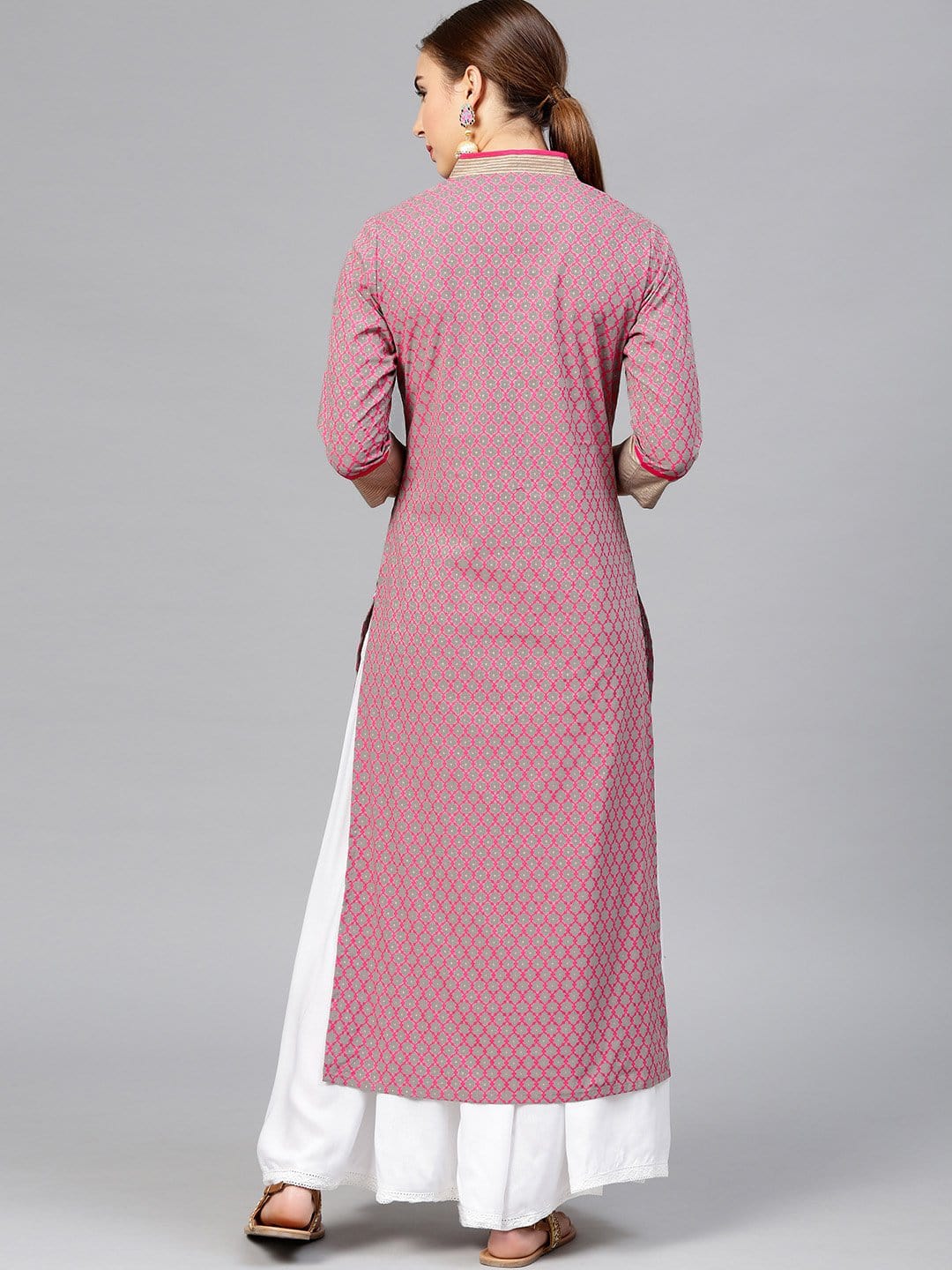 Women's Grey & Pink Printed Straight Kurta - Varanga