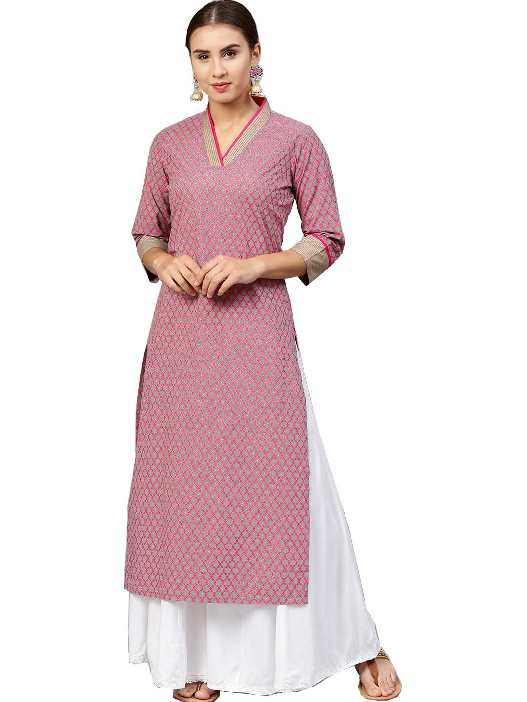 Women's Grey & Pink Printed Straight Kurta - Varanga