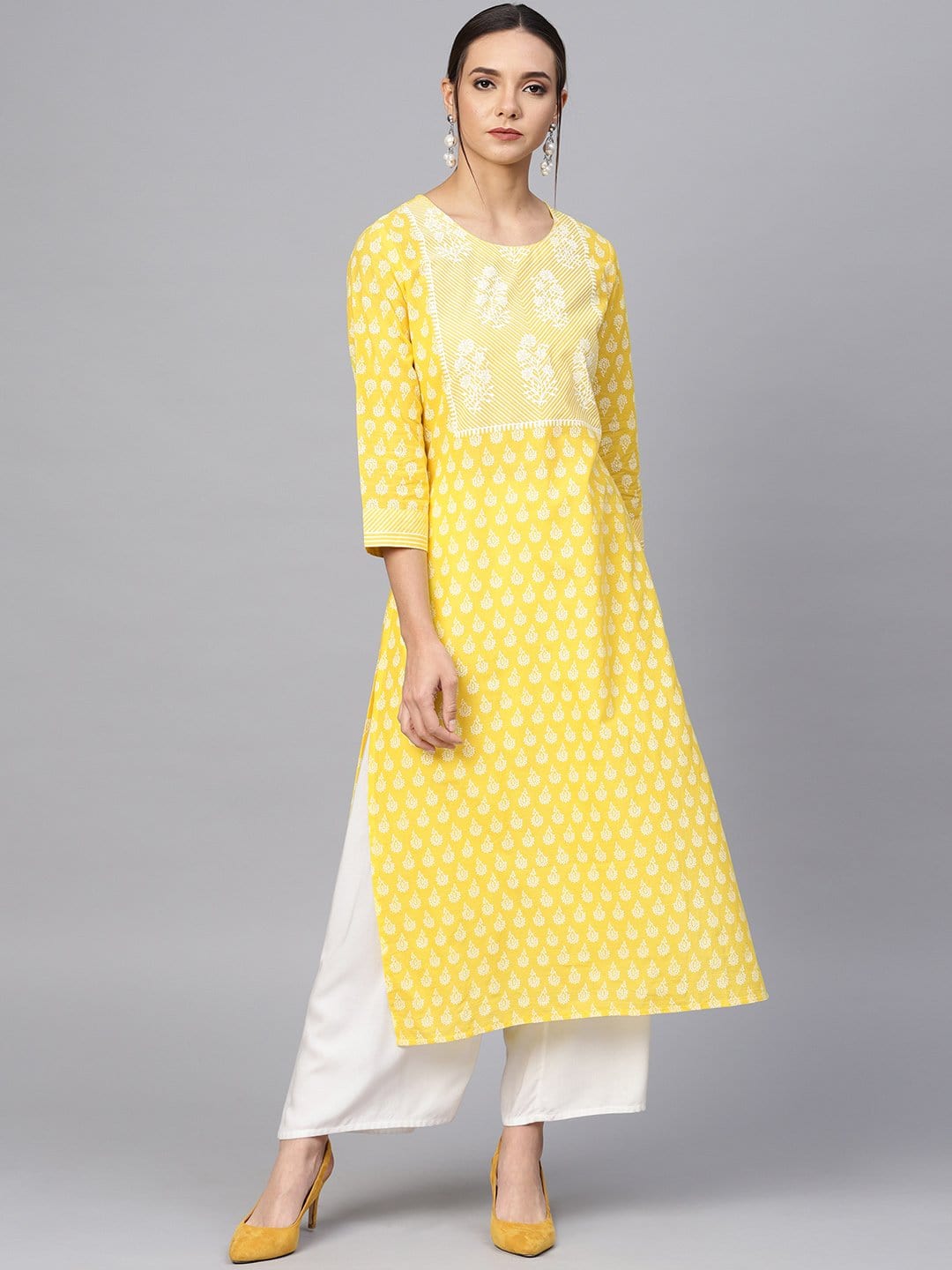 Women's Yellow & White Printed Straight Kurta - Varanga