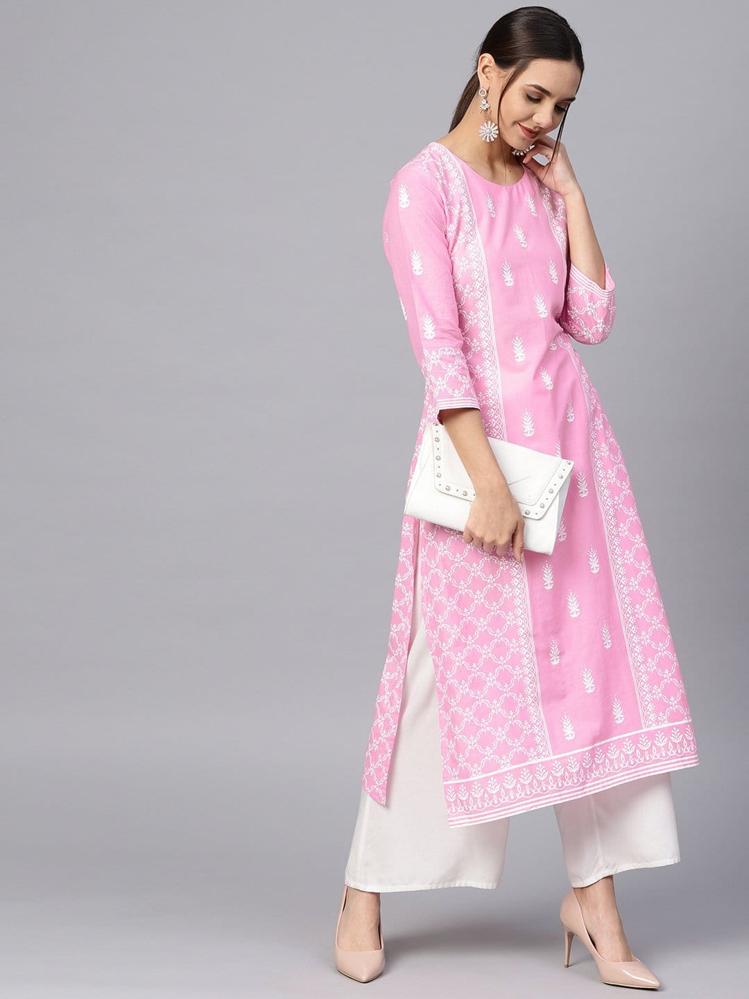 Women's Pink & White Printed Straight Kurta - Varanga