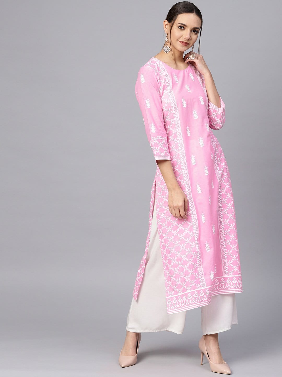 Women's Pink & White Printed Straight Kurta - Varanga