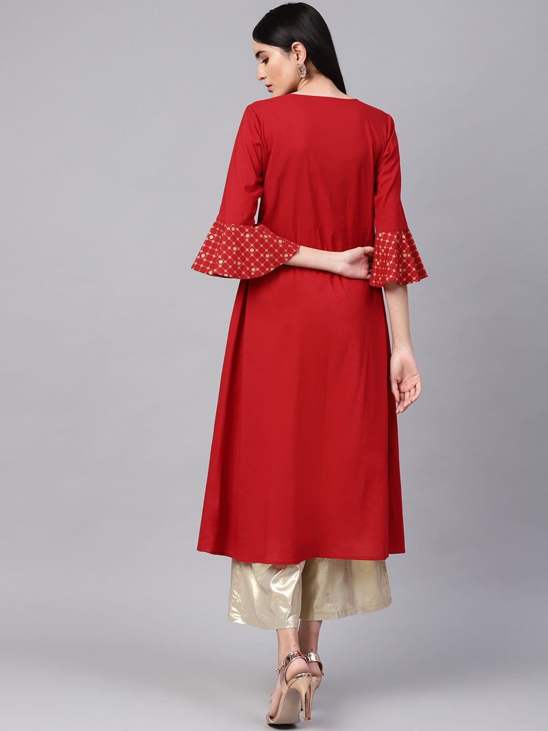 Women's Red & Golden Yoke Design A-Line Kurta - Varanga