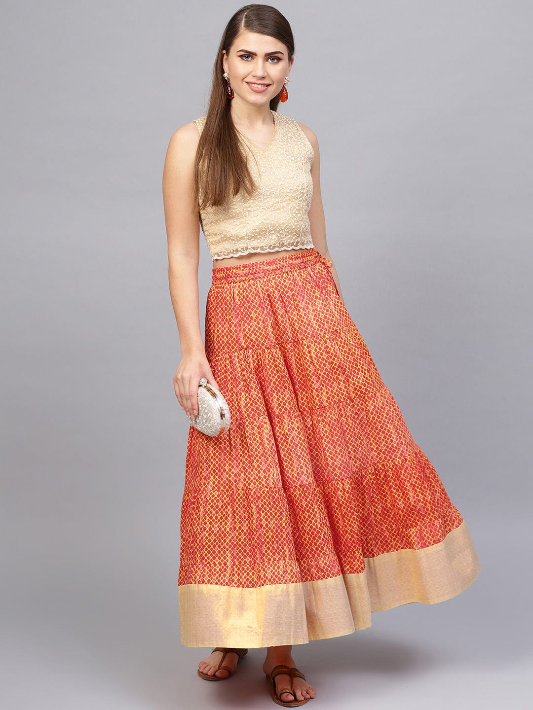 Women's Rust And Mustard Printed Flared Long Skirt - Varanga