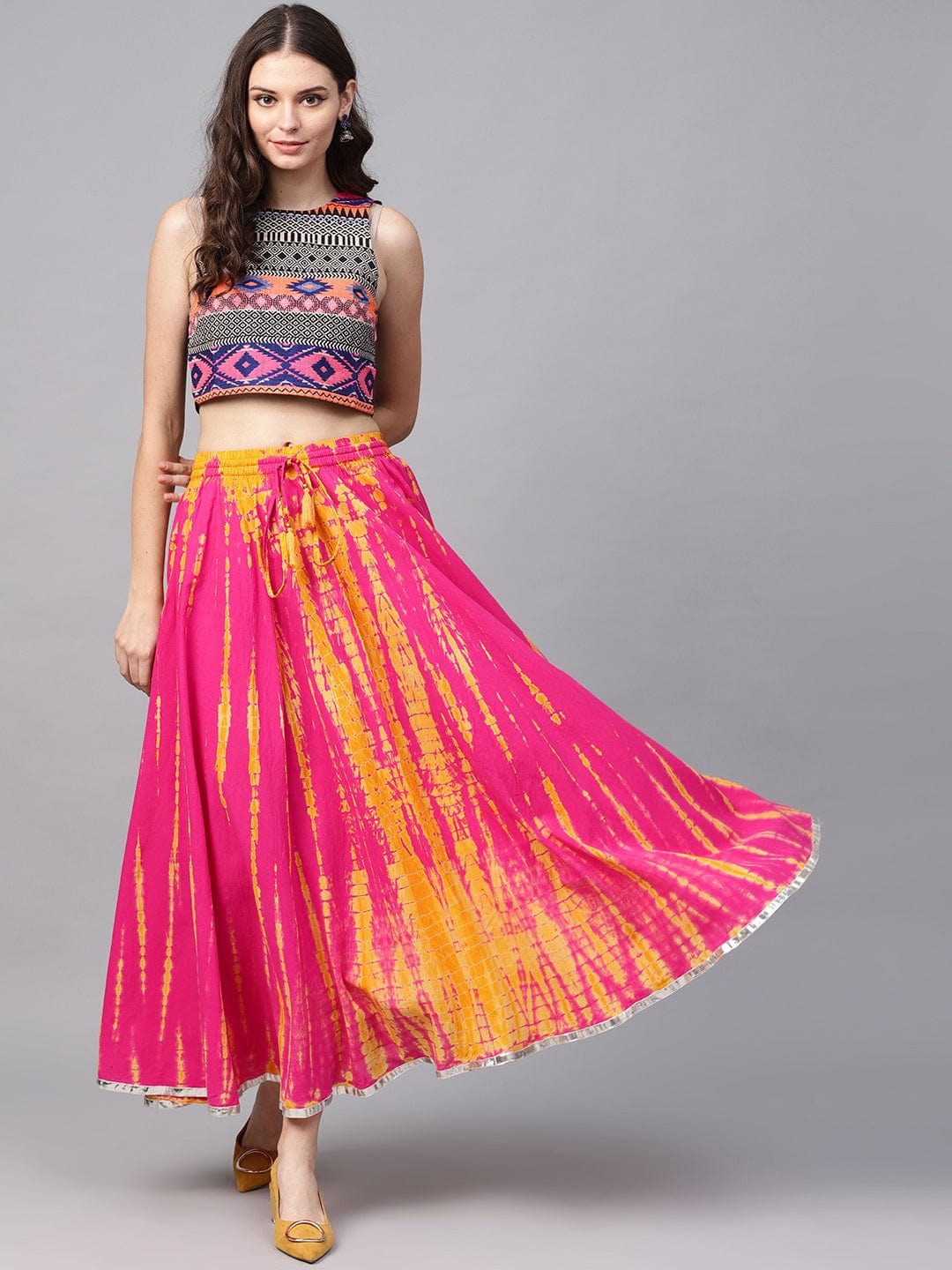 Women's Pink and Yellow Dyed Maxi Flared Skirt - Varanga