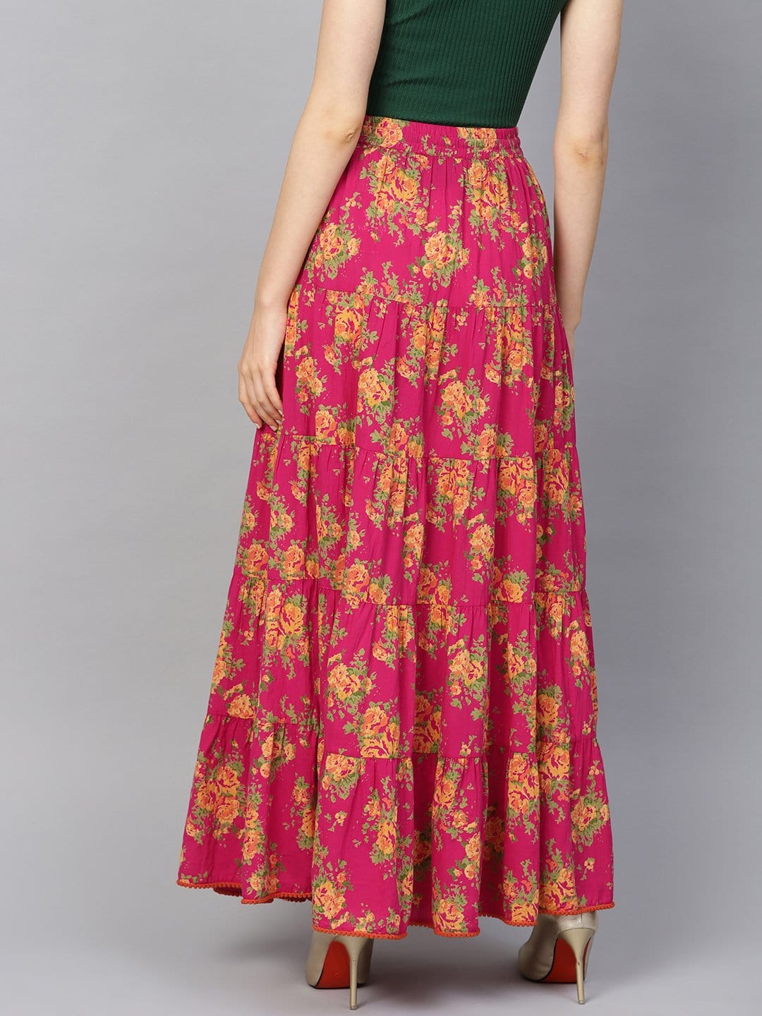 Women's Fushcia Floral Printed Tiered Skirt - Varanga