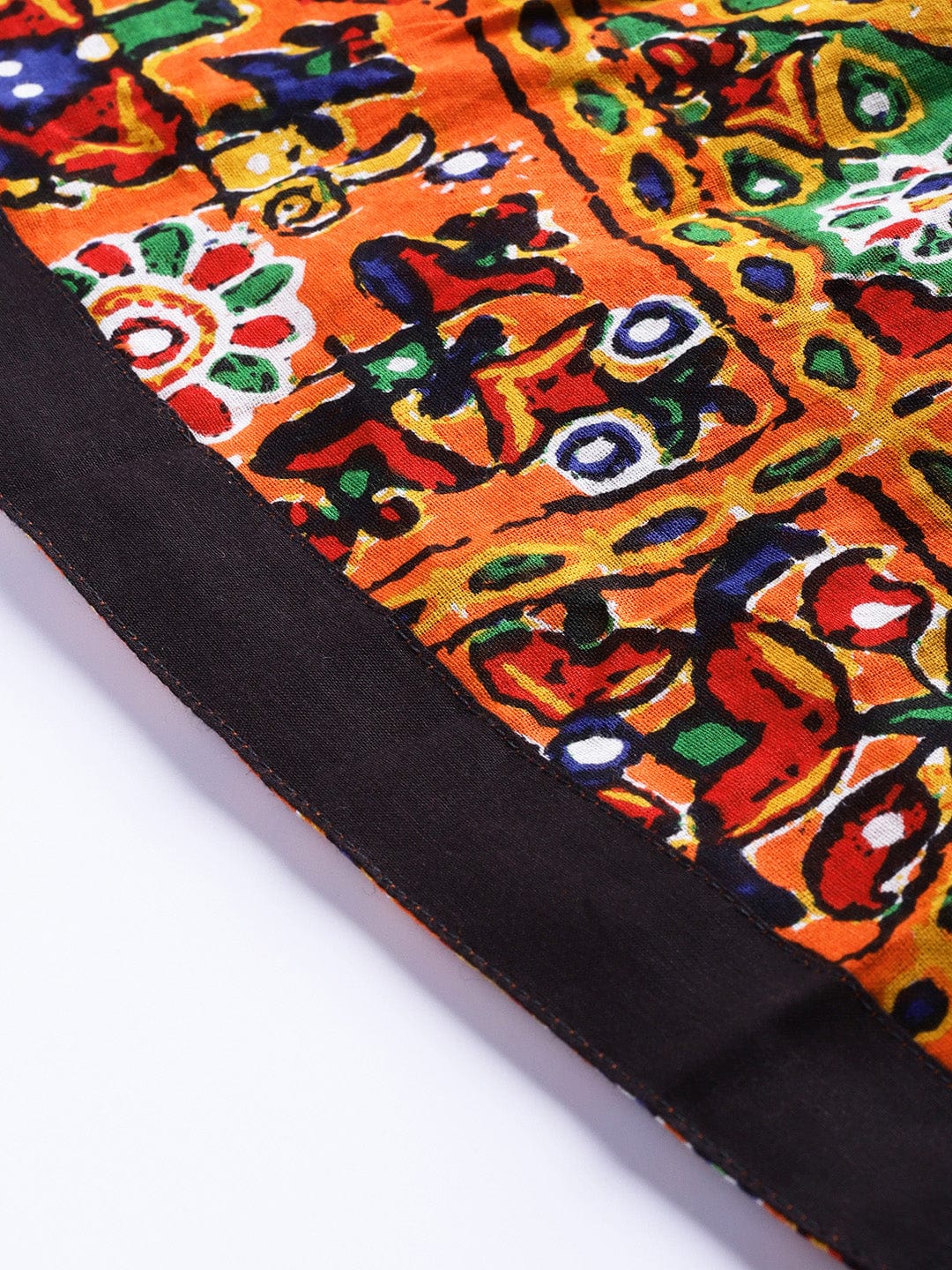 Women's Orange & Black Phulkari Printed Flared Maxi Skirt - Varanga