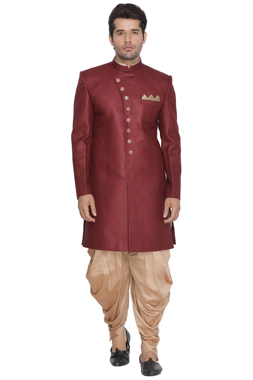 Men's Maroon Jute Cotton Blend Sherwani Set
