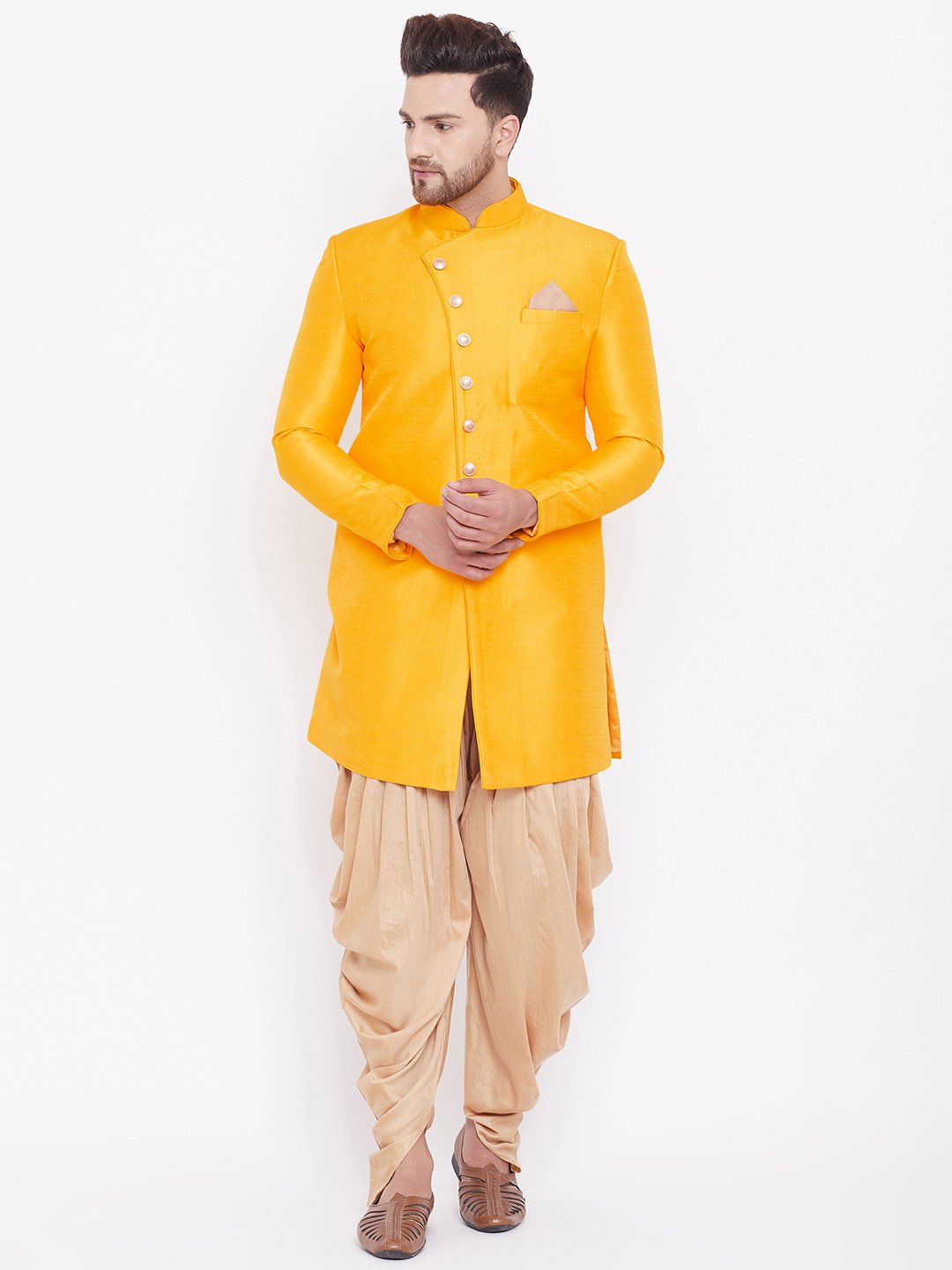 Men's Mustard And Rose Gold Silk Blend Sherwani Set