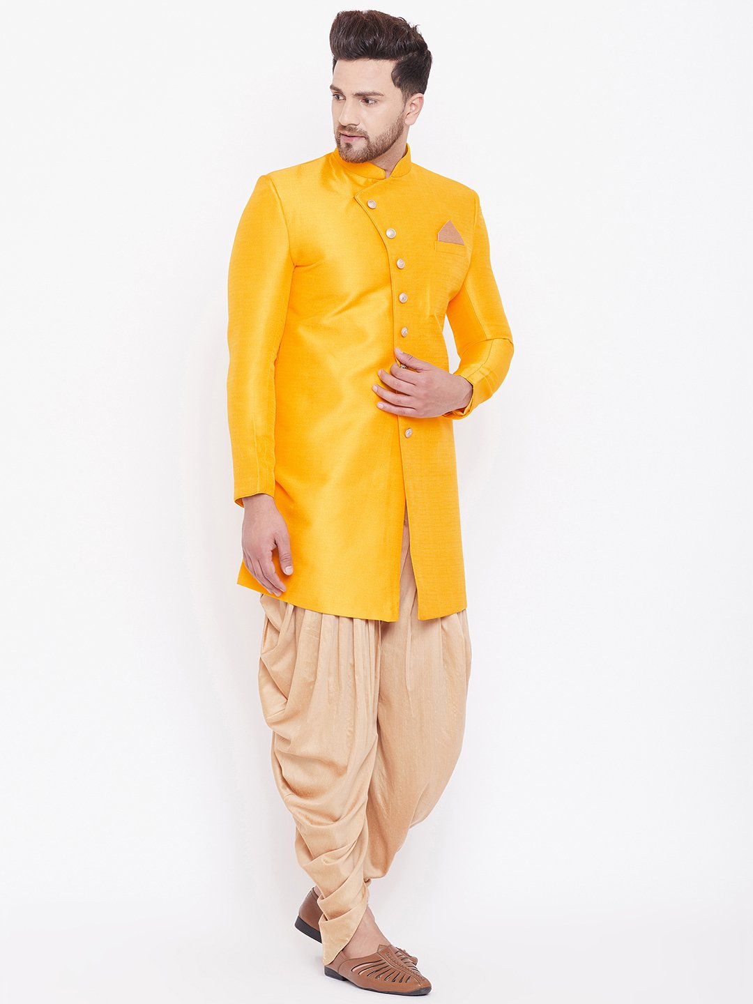 Men's Mustard And Rose Gold Silk Blend Sherwani Set