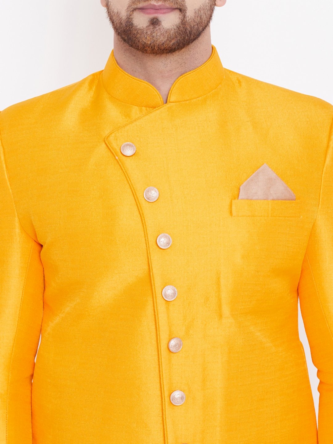 Men's Mustard And Rose Gold Silk Blend Sherwani Set