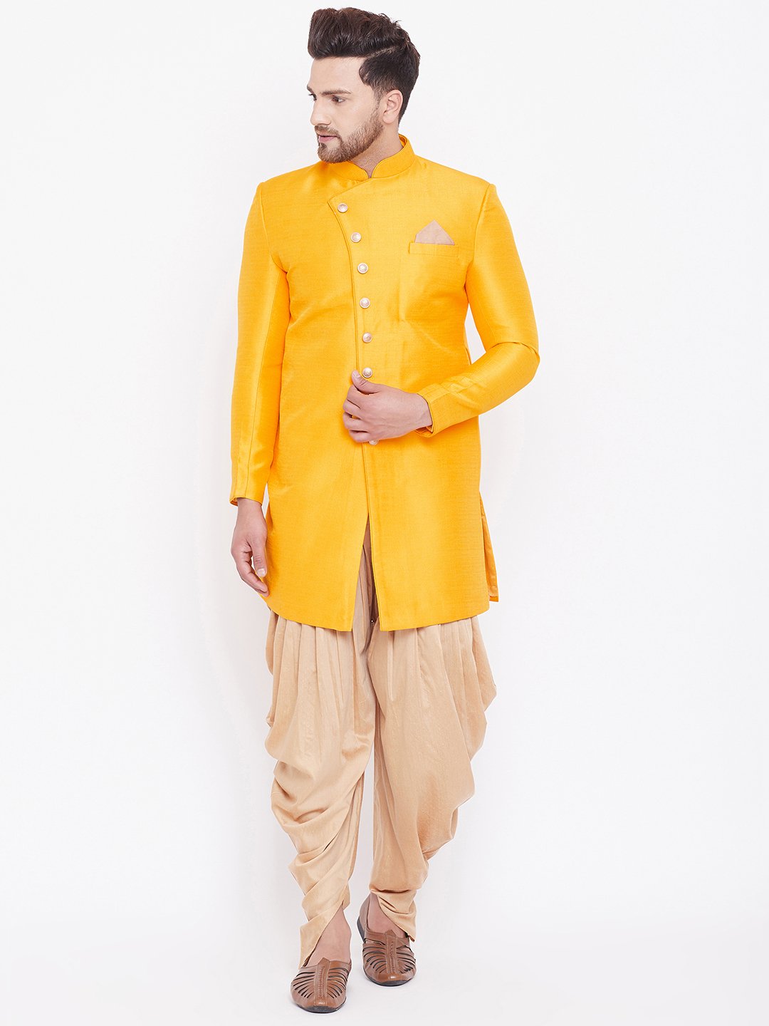Men's Mustard And Rose Gold Silk Blend Sherwani Set