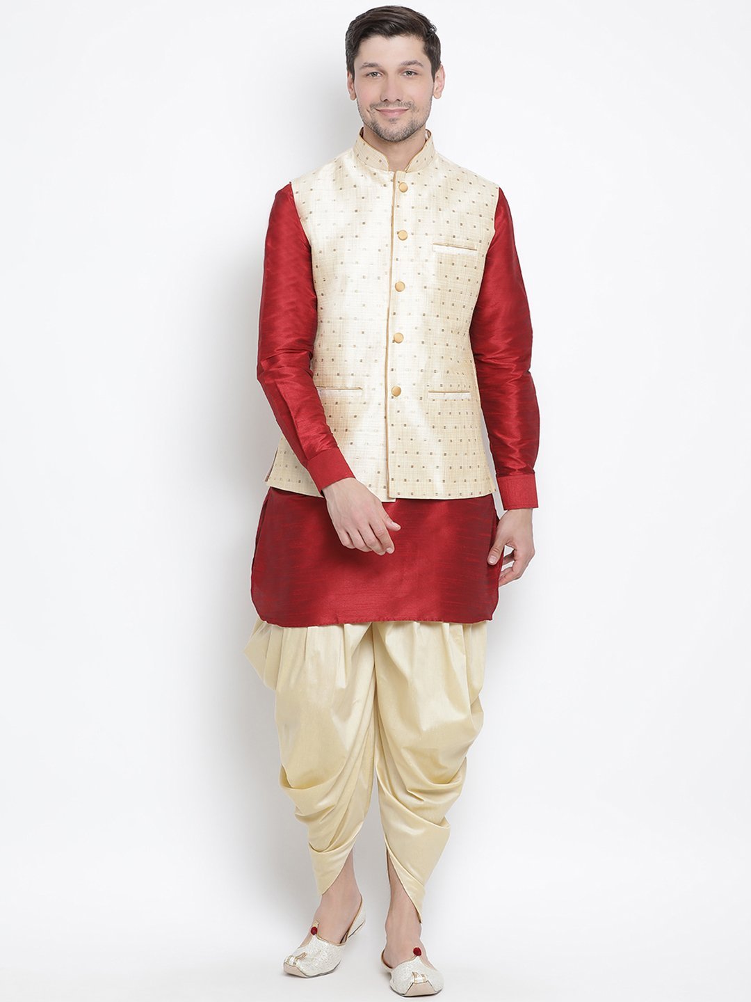 Men's Maroon Cotton Silk Blend Ethnic Jacket, Kurta and Dhoti Pant Set