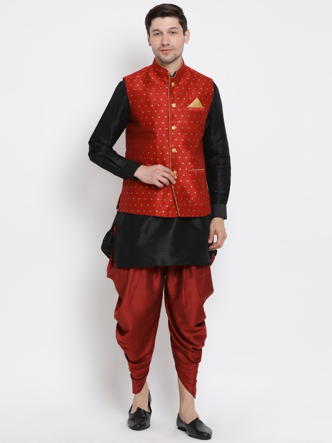 Men's Black Cotton Silk Blend Ethnic Jacket, Kurta and Dhoti Pant Set