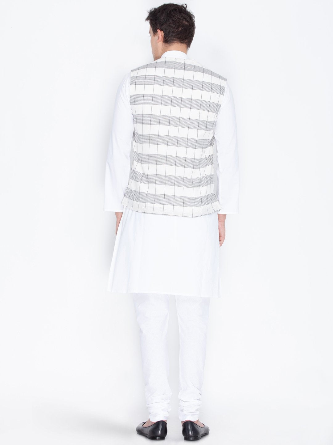 Men's White Cotton Kurta, Ethnic Jacket and Pyjama Set